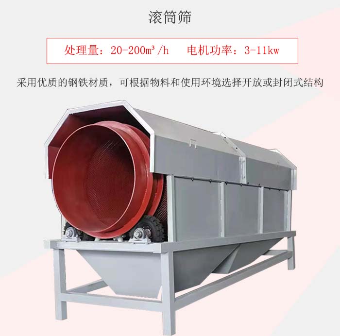 滾筒篩采用優質的鋼鐵材質，可根據物料和使用環境選擇開放或封閉式結構