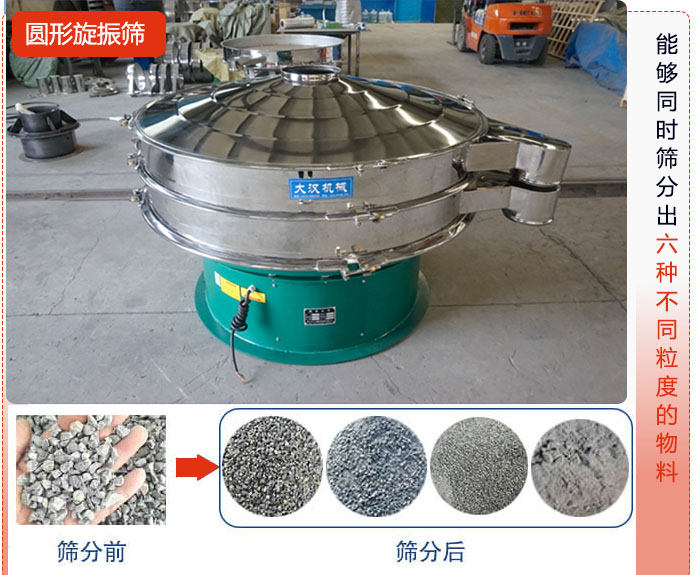 圓形旋振篩能夠同時篩出6種不同顆粒的物料。