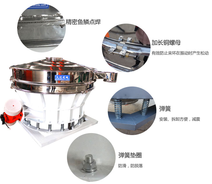 1500直排篩細節展示：彈簧，彈簧墊圈，加長銅螺母。