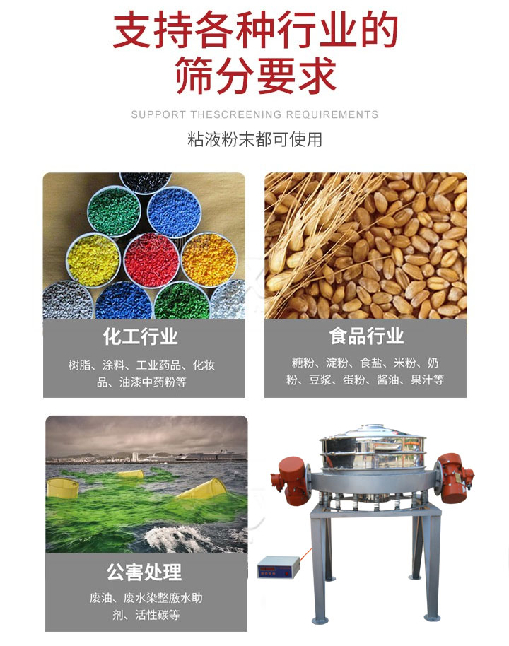 直排篩適用行業：化工行業，食品行業，金屬行業，以及公害處理等行業。支持各種行業的篩分要求。