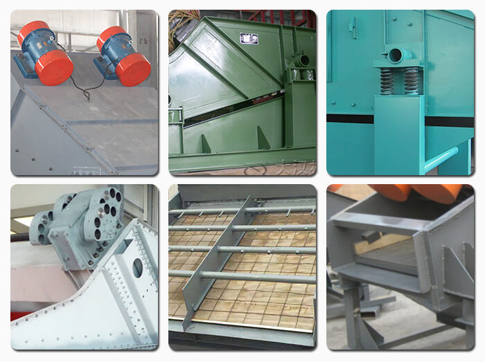 礦用振動篩主要由激振器、篩體、篩網、減振裝置及座架等組成。篩箱由篩框、篩板、襯板等組成