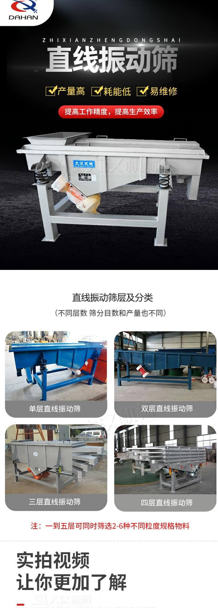 直線振動篩概述，產量高，耗能低，易維修，提高工作精度，提高生產效率，直線振動篩層級分類：不同層數，篩分目數和產量也不同：單層，雙層，三層，四層等。