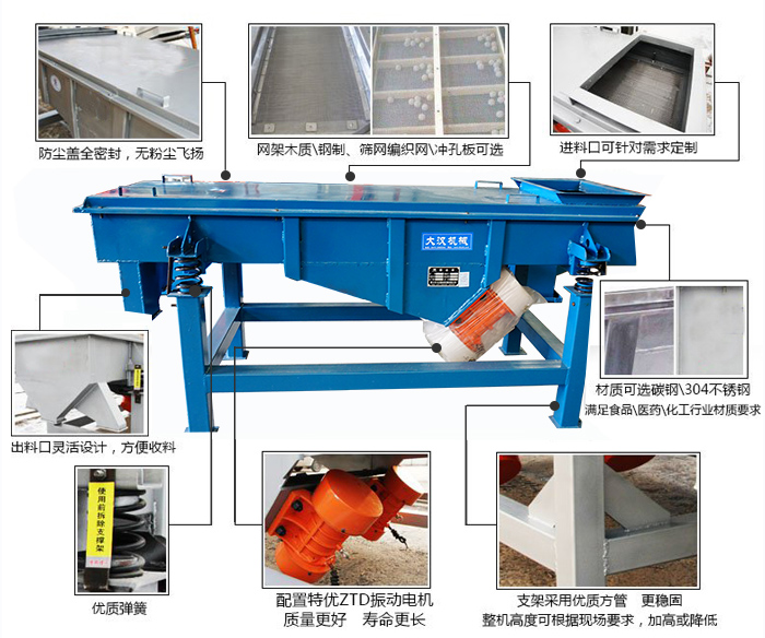 方形振動篩結(jié)構(gòu)包括:防塵蓋:全密封,無粉塵飛揚(yáng)。網(wǎng)架木質(zhì)/鋼制,篩網(wǎng)編織網(wǎng)/沖孔板可選。進(jìn)料口可針對需求定制。出料口靈活設(shè)計,方便受料,材質(zhì)可選碳鋼/304不銹鋼滿足食品/醫(yī)藥/化工行業(yè)材質(zhì)要求。優(yōu)質(zhì)彈簧。配置特優(yōu)ZTD振動電機(jī)質(zhì)量更好,壽命更長。支架采用優(yōu)質(zhì)方管,更穩(wěn)固整機(jī)高度可根據(jù)現(xiàn)場要求,加高或降低。