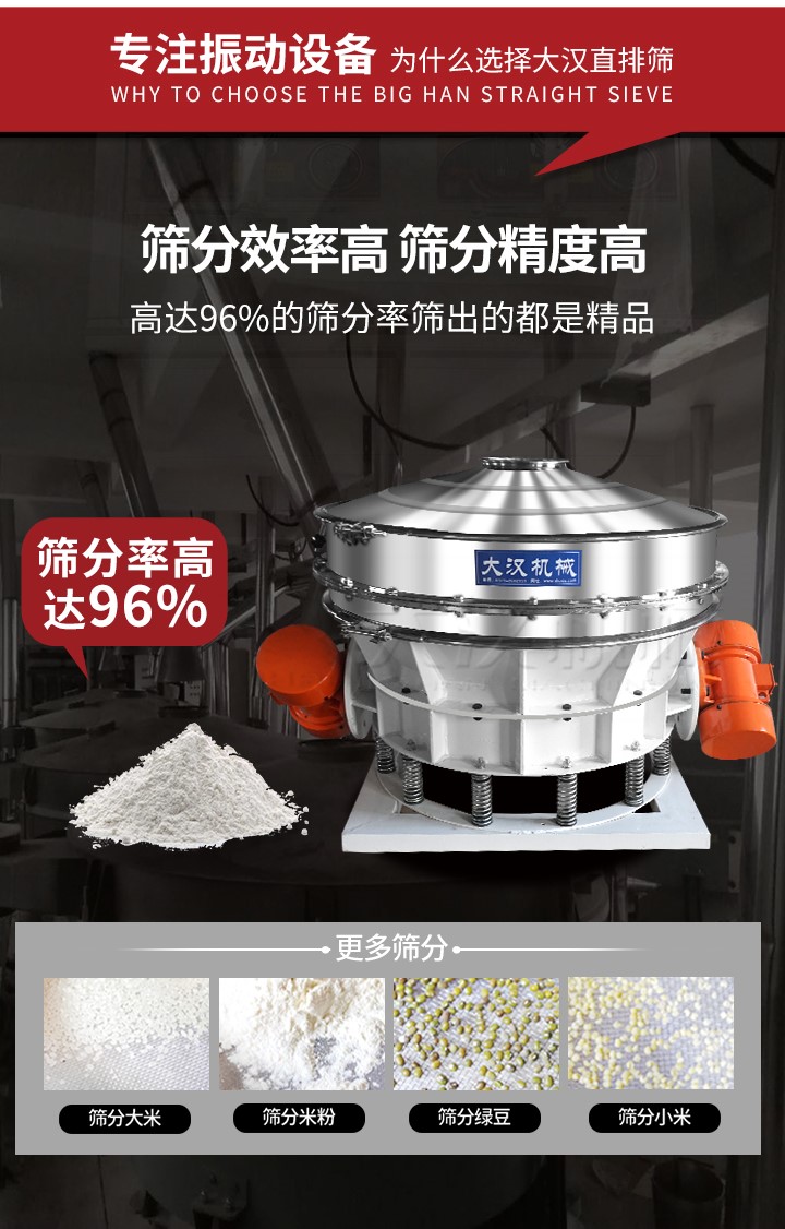 直排篩適用物料有面粉，淀粉，洗衣粉，金屬粉，添加劑，化工，非礦等行業。