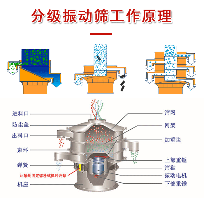 分級振動篩內部結構：進料口，防塵蓋，出料口，束環，彈簧，機座，篩網，網架，上部重錘，振動電機，下部重錘。