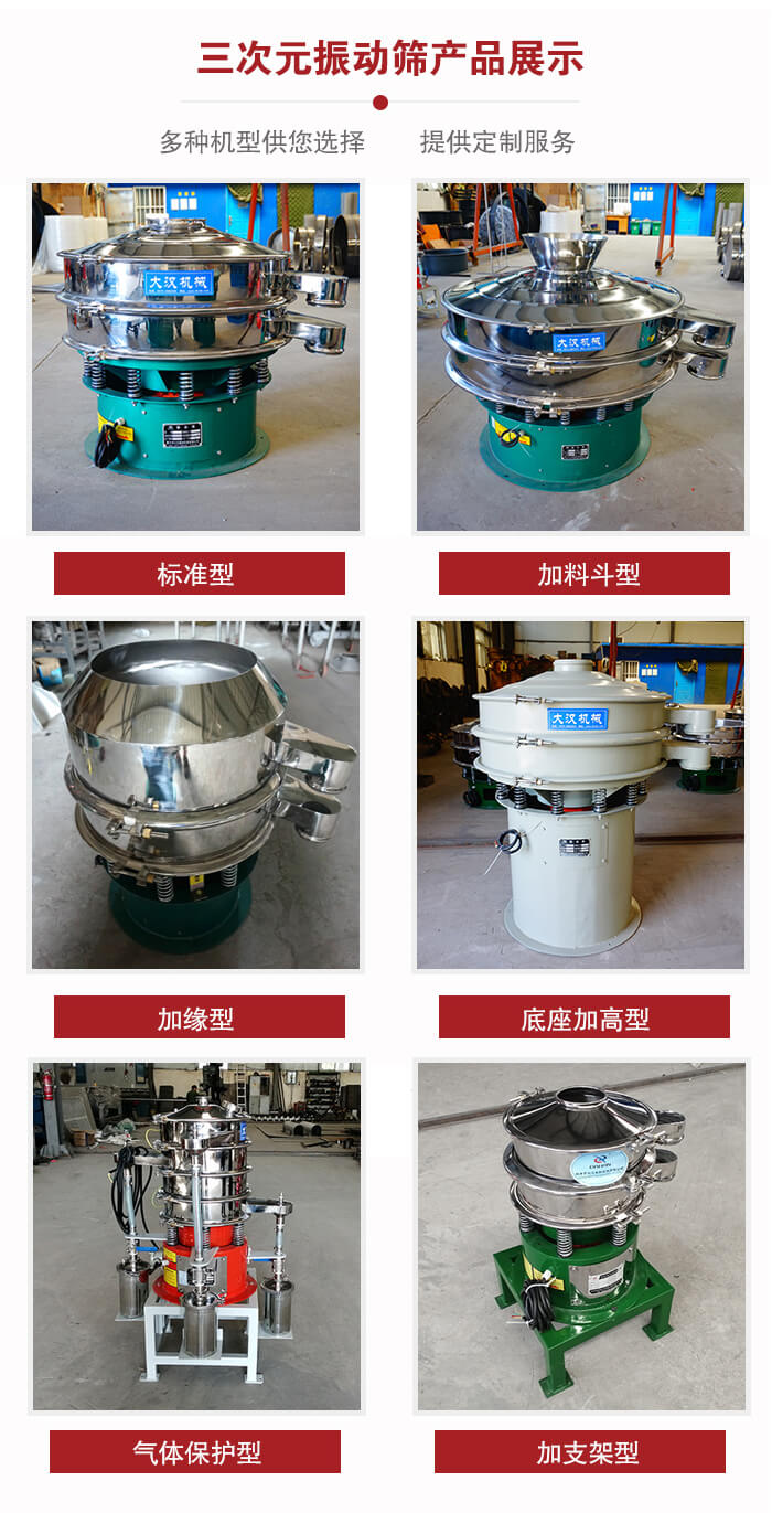 三次元振動篩不同結(jié)構(gòu)展示:標(biāo)準(zhǔn)型,加料斗型,加緣型,底座加高型,氣體保護(hù)型,加支架型。
